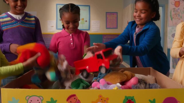A group of kids gathers in a decorated classroom to donate toys for Christmas. They smile and share joy as they put colorful toys into a large donation box, spreading holiday cheer