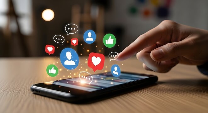 Hand Interacting with Social Media Icons on Smartphone Screen