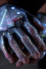Futuristic cybernetic hand wearing a high-tech glove with glowing blue and red LED lights.