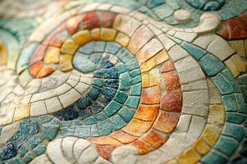 Close-up of a colorful mosaic tile pattern swirling, featuring shades of blue, orange, yellow, and green.