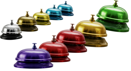 Colorful collection of hotel service bells in various shades on transparent background
