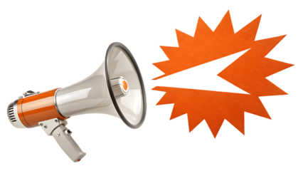 A silver and orange megaphone with a jagged orange burst symbol emanating from its speaker isolated on transparent background