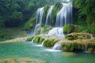 Fototapeta premium A stunning waterfall cascades over moss-covered rocks into a clear, turquoise pool, surrounded by lush green forest and vibrant vegetation.