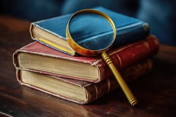 Vintage books stacked on a wooden table, with a brass magnifying glass resting on top, inviting exploration and discovery.