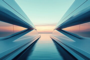 Futuristic architecture flanks calm water, leading the eye to a tranquil sunset on the horizon under a soft blue sky.