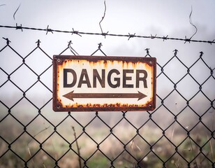 Rusty danger sign on a wire fence in a foggy field
