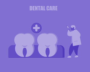 Illustration about dental care showing a dentist examining teeth with a magnifying glass, emphasizing oral health and hygiene awareness.