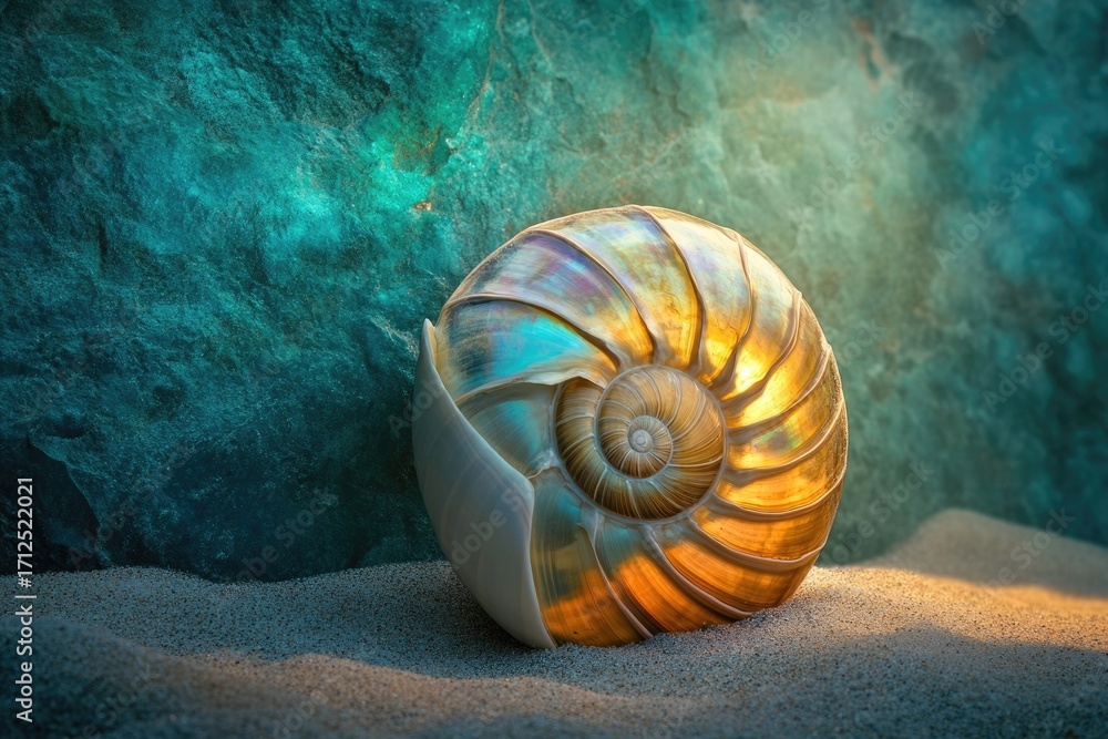 Aufkleber iridescent nautilus shell resting on sand with a teal stone backdrop and golden light highlighting i
