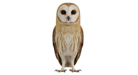Isolated Barn Owl Standing Upright with Beautiful Detailed Feather Patterns and Large Dark Eyes