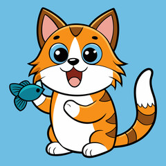 Cute cartoon cat illustration holding fish vector graphic for kids and animal lovers design project