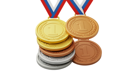 Realistic gold silver and bronze medals stacked together on transparent background