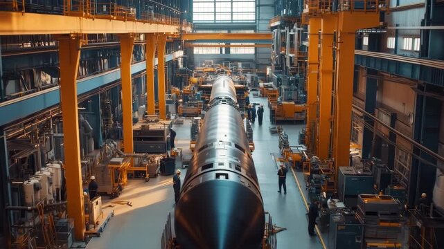 Engineers assembling ballistic missile in military rocket factory