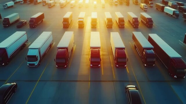 Delivery trucks parked in a large parking lot at sunset