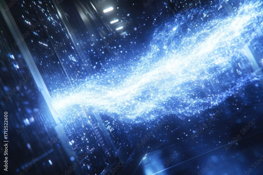 Poster abstract glowing blue energy stream amidst server racks, symbolizing data flow, cloud computing, and