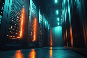 A dark server room filled with racks of computers with orange LED lights and blue overhead lights creates an eerie atmosphere.