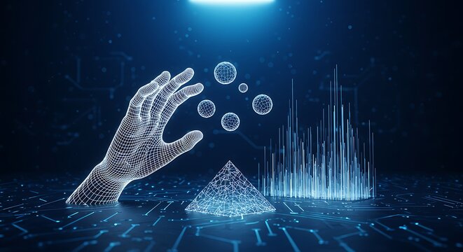 A glowing digital wireframe hand interacts with virtual objects and data visualizations in a futuristic technological environment.