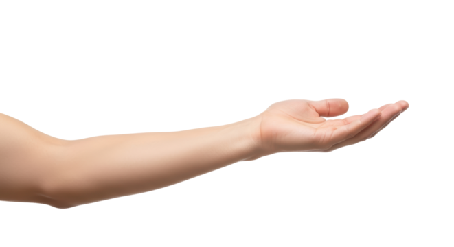 Isolated Caucasian arm with open hand offering, presenting, providing, or giving help