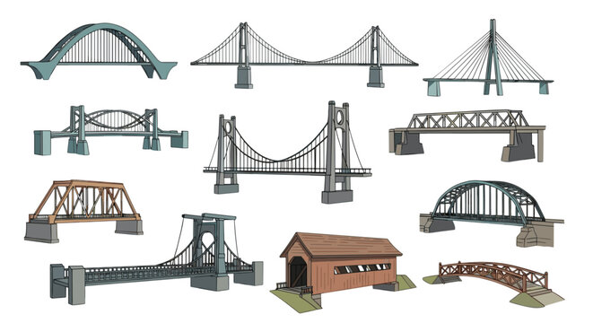 Illustration showcasing diverse bridge designs including suspension arch and covered bridge structures shown together
