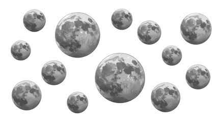 Obraz premium A collection of gray oval shaped objects resembling moons scattered on a white background surface view