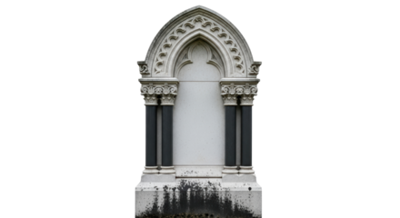 Isolated ornate stone monument with architectural arch and column detail on neutral ground