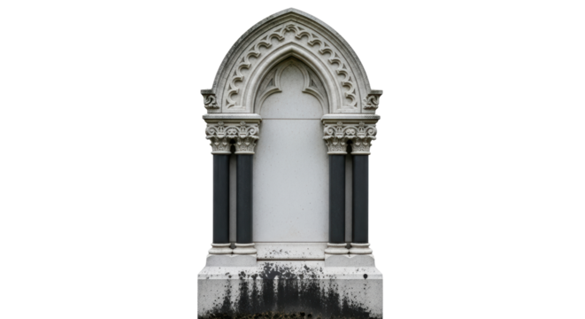 Isolated ornate stone monument with architectural arch and column detail on neutral ground