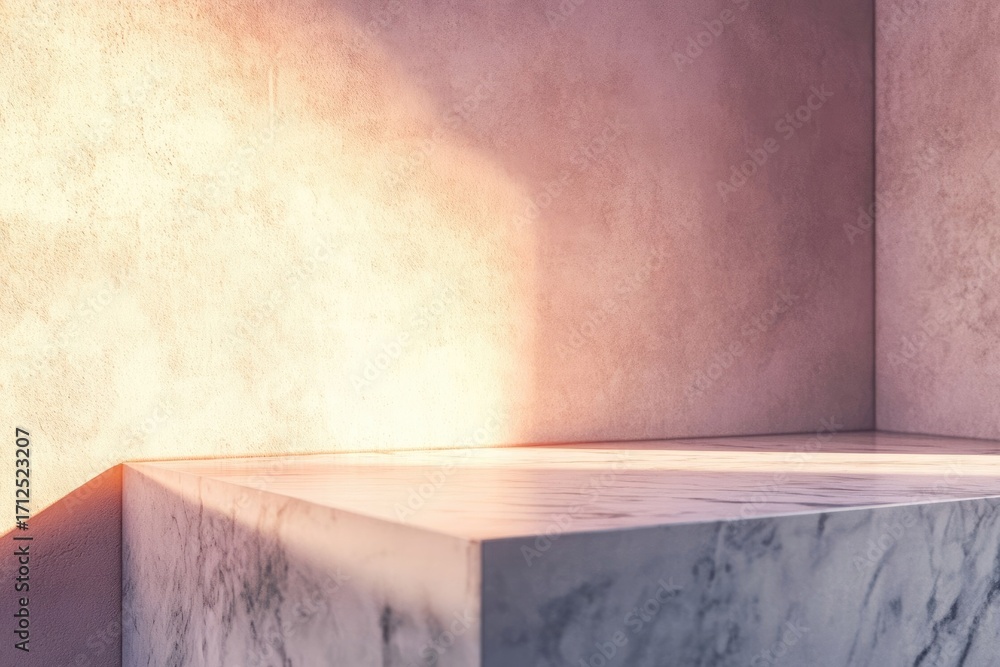 Poster marble platform with sunlight creating shadows on pink textured walls, minimalist and clean composit