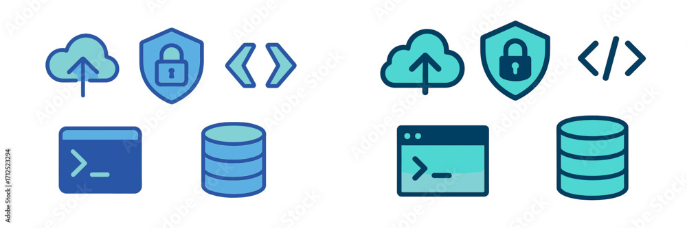 Poster modern technology symbols for cloud upload, data security, coding, command line, and database storag