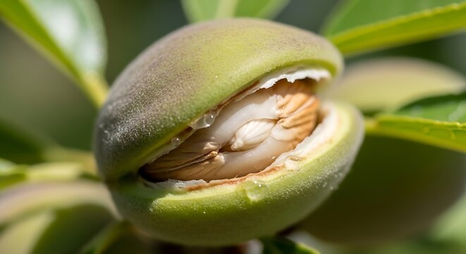 Close-up of a green almond fruit with the nut partially exposed.