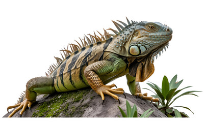 Obraz premium Green Iguana Reptile on Rock Isolated on transparent Background