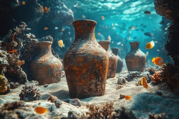 Underwater scene with ancient amphorae on sandy seabed, surrounded by coral reefs and tropical fish swimming in clear blue water.