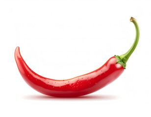 A single, vibrant red chili pepper curves gently against a clean white background, showcasing its smooth skin and green stem.