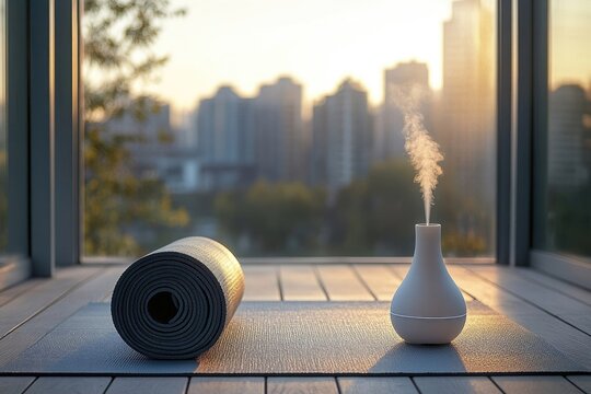 A yoga mat and diffuser sit on a patio overlooking a city skyline at sunset, promoting wellness and relaxation at home.