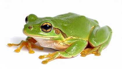 A vibrant green frog with yellow and black markings sits on white&mdash;its smooth skin, orange-tipped webbed feet, and large eyes evoke vivid clarity, biological rhythm, and symbolic presence.