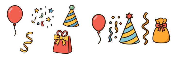 Obraz premium Colorful party celebration elements with balloons, hats, confetti, streamers, and gifts for festive occasions