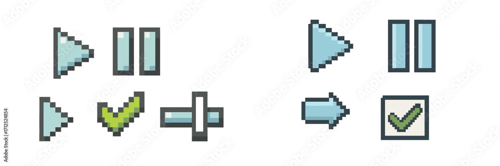 Poster collection of pixel art style media player control buttons and user interface icons for digital desi
