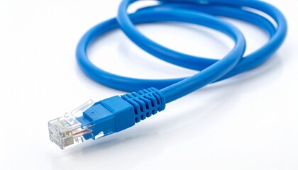 A coiled blue Ethernet cable with RJ45 connectors emits digital streaks&mdash;set against a clean surface, it evokes high-speed connectivity, engineered rhythm, and the pulse of modern infrastructure.