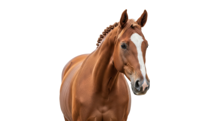 Isolated chestnut horse with blaze and braided mane, portrait of beautiful equine animal