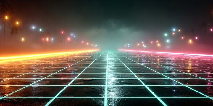 Retro 80s synthwave grid road into fog - Powered by Adobe