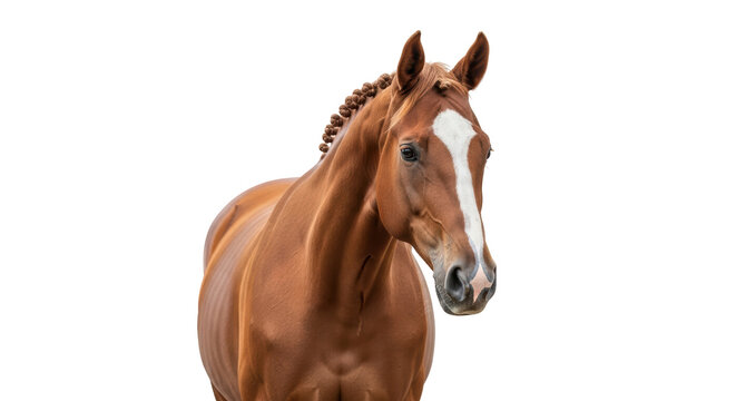 Isolated chestnut horse with blaze and braided mane, portrait of beautiful equine animal