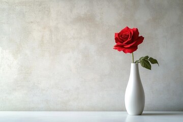 Fototapeta premium A single, vibrant red rose in a white vase stands elegantly against a textured, neutral wall background.