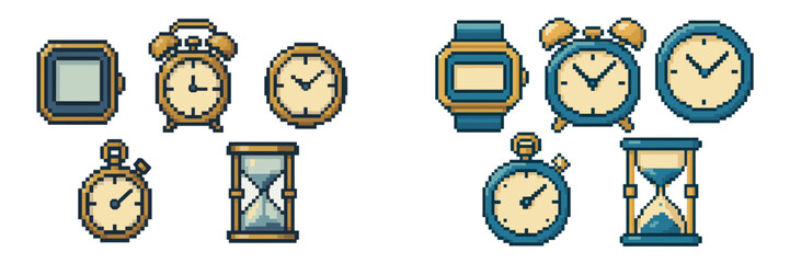 A diverse pixel art collection showcasing various time measurement devices and clocks, featuring smartwatches, alarm clocks, wall clocks, stopwatches, and hourglasses in a retro digital