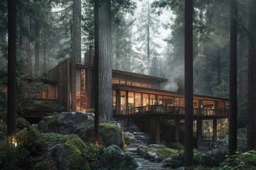A modern wooden house, bathed in warm light, nestled among towering redwood trees in a dense, misty forest landscape.