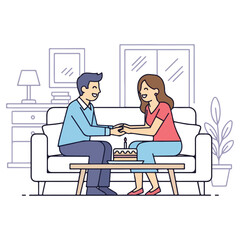Couple celebrating birthday together holding hands on sofa.