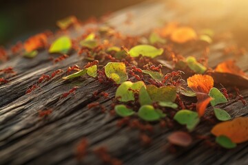 A colony of leafcutter ants diligently carrying pieces of leaves across a textured wooden surface in warm, golden light, showing complex teamwork.