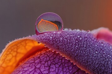 A macro shot of a water droplet on a purple petal with an orange reflection inside.