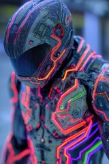 Futuristic Cyborg Warrior in Neon Glowing Armor and Helmet