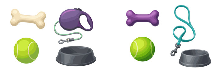 Collection of essential dog accessories including bones, leashes, tennis balls, and food bowls for pet care