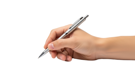 Isolated hand holding a pen, ready to write, silver pen, office, business, corporate design