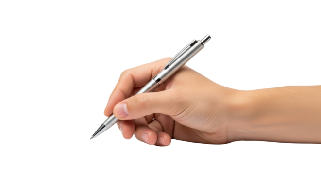 Isolated hand holding a pen, ready to write, silver pen, office, business, corporate design