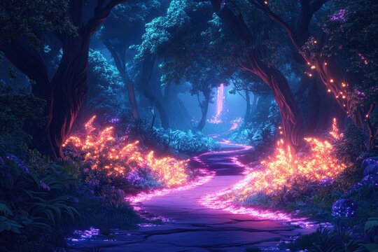 A neon-lit path winds through a mystical forest, illuminated by vibrant, glowing flora and ethereal blue light.